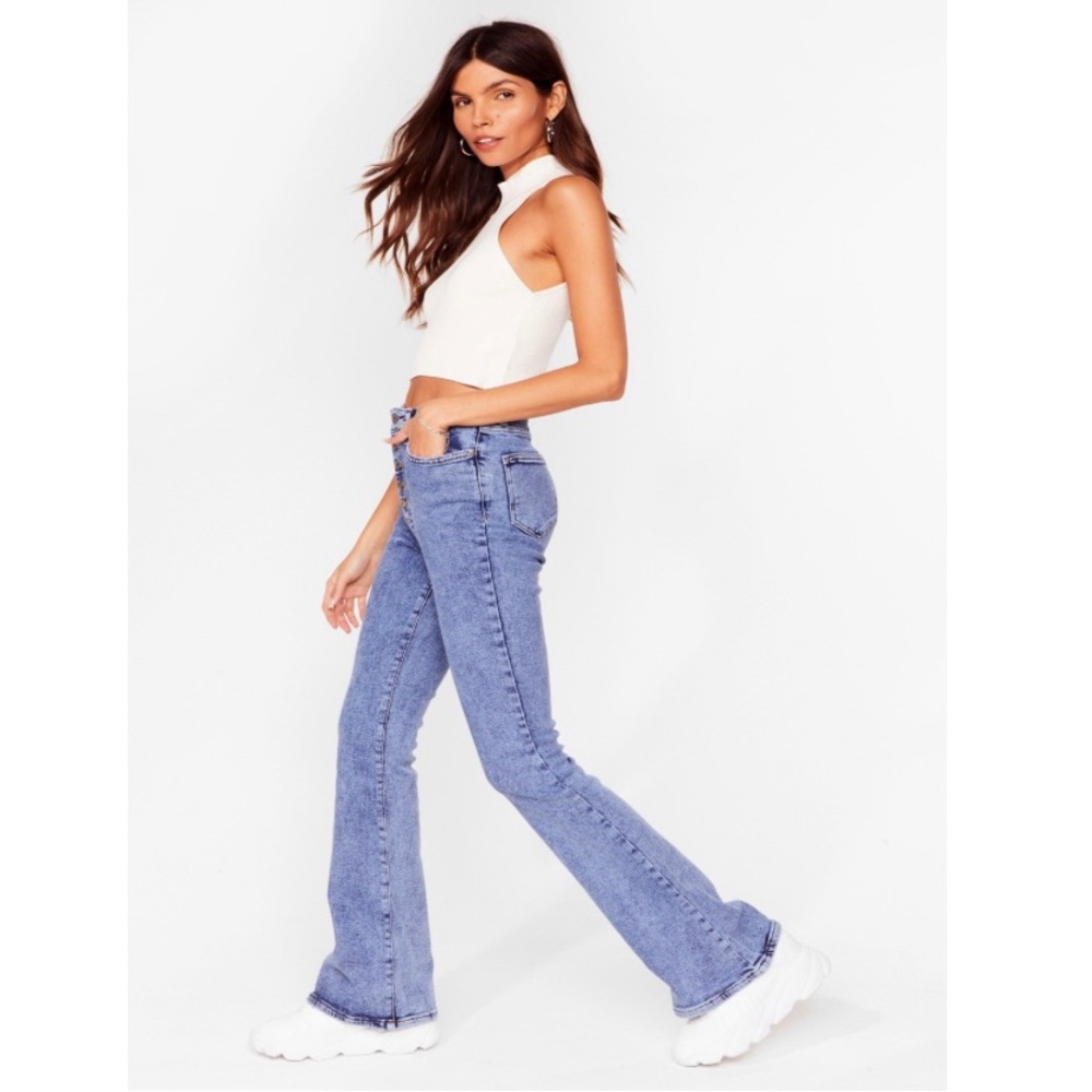 Nasty Gal Y2K Style Acid Washed Ultra Hi Rise Button Fly Flare Jeans - Size 8